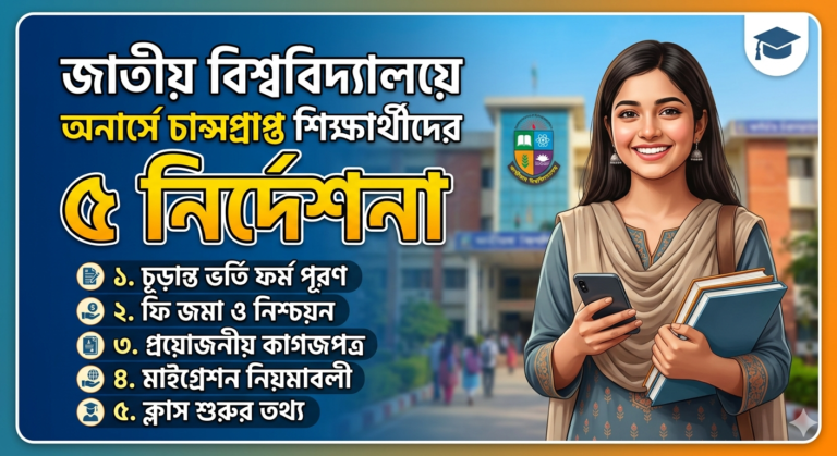 জাতীয় বিশ্ববিদ্যালয় অনার্স ভর্তি নির্দেশিকা ২০২৬ — চান্স পাওয়ার পর ভর্তি নিশ্চয়ন, কাগজপত্র, ফি ও মাইগ্রেশন নিয়ে সম্পূর্ণ গাইড।